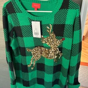 NWT! Green and Black Plaid Sweater with Gold Sequin Reindeer